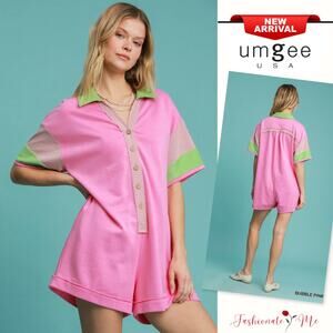 Umgee French Terry Collared Neck Contrast Trim Relaxed Fit Romper | Bubble Pink